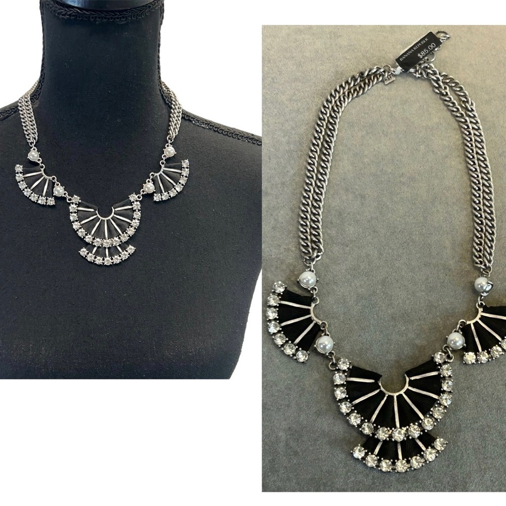 Banana Republic Silvertone black ribbon faux pearl crystal rhinestone necklace